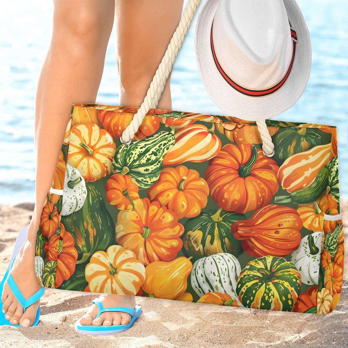 Autumn Colorful Pumpkins Beach Bags Waterproof Sandproof for Women, Large with Zipper Pool Beach Tote Reusable Grocery Shoulder Bag for Swim Travel Shopping Vacation Picnic