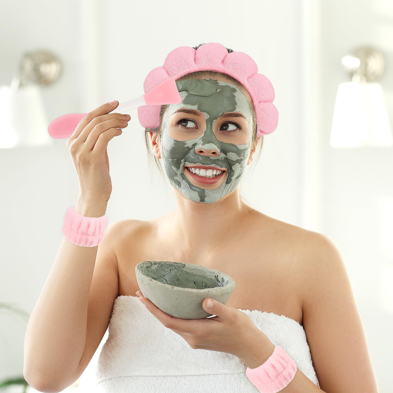 4-delige Skincare haarband, spa-haarband, set, make-up, gezichtsverzorging, hoofdband met spons, hoofdband en armbanden met maskerborstel 4-delige Skincare haarband, spa-haarband, set, make-up, gezichtsverzorging, hoofdband met spons, hoofdband en armbanden met maskerborstel