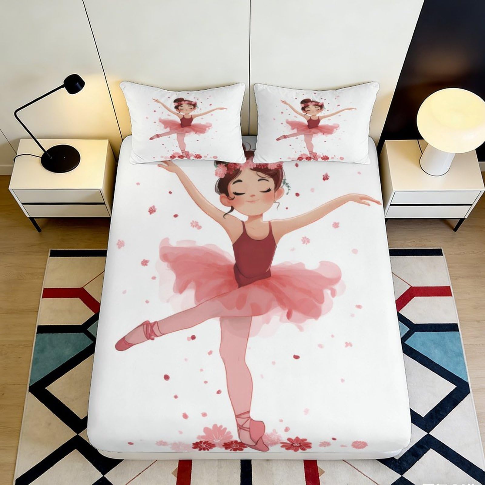 3D Printed Ballerina Dance Fitted Sheet Microfiber Pink Ballet Girl Mattress Cover Anti-Slip Washable for Bedroom Decor 90x200x25cm