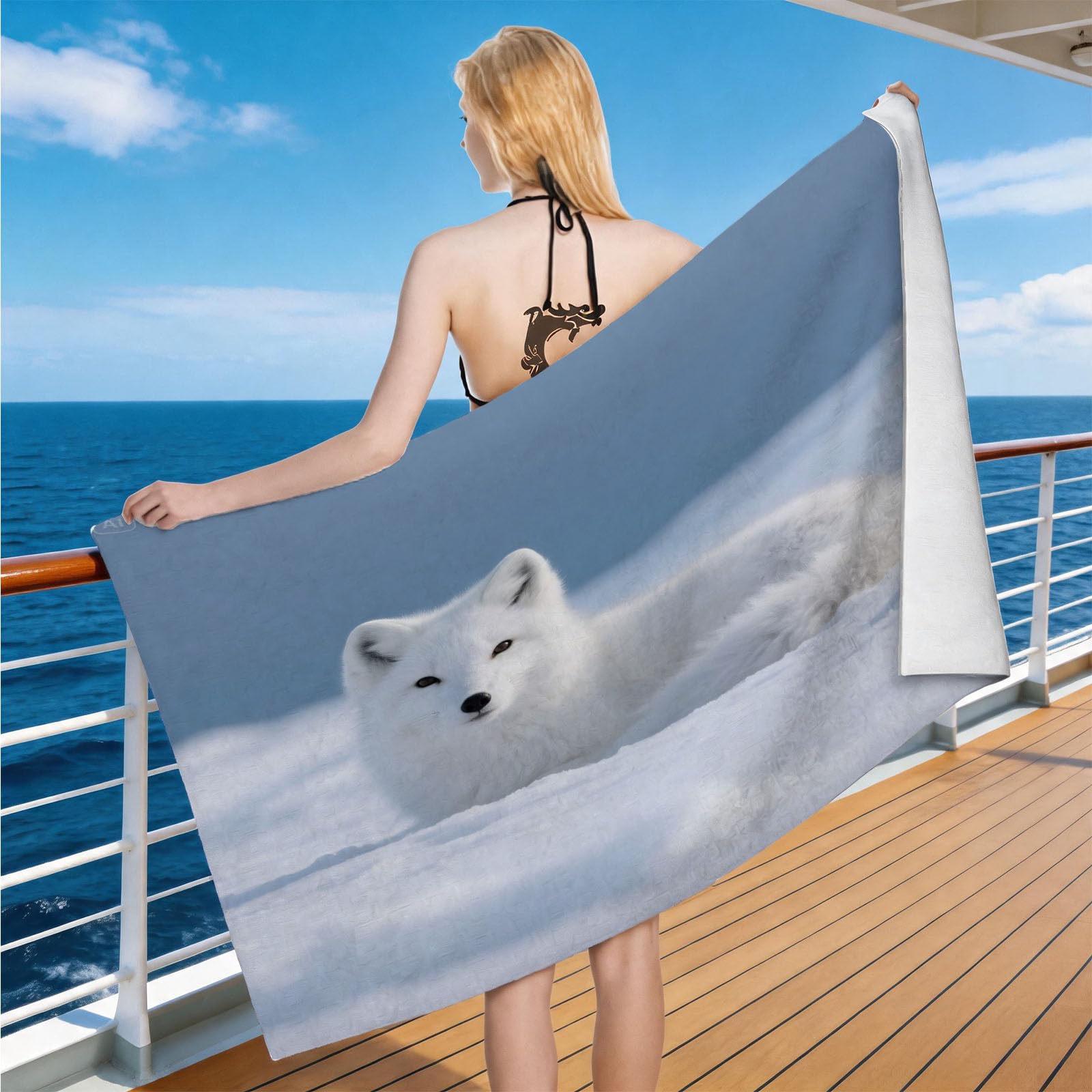 Hongduo Microfiber Quick Dry Beach Towel Snow White Fox, 3D Wildlife Animal Beach Towels Absorbent Fast Drying Bath Towels, Travel Camping Gym Swimming Bathroom (80x160cm)