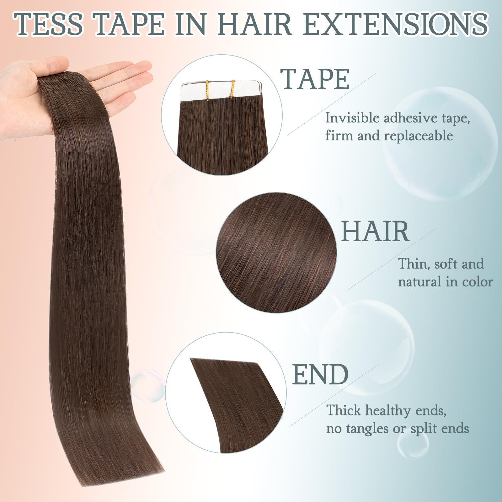 TESS Hair Extensions Tape In Real Human Hair Invisible Thin Type 10 Pcs 15G Lightweight For Highlight Straight - Image 3