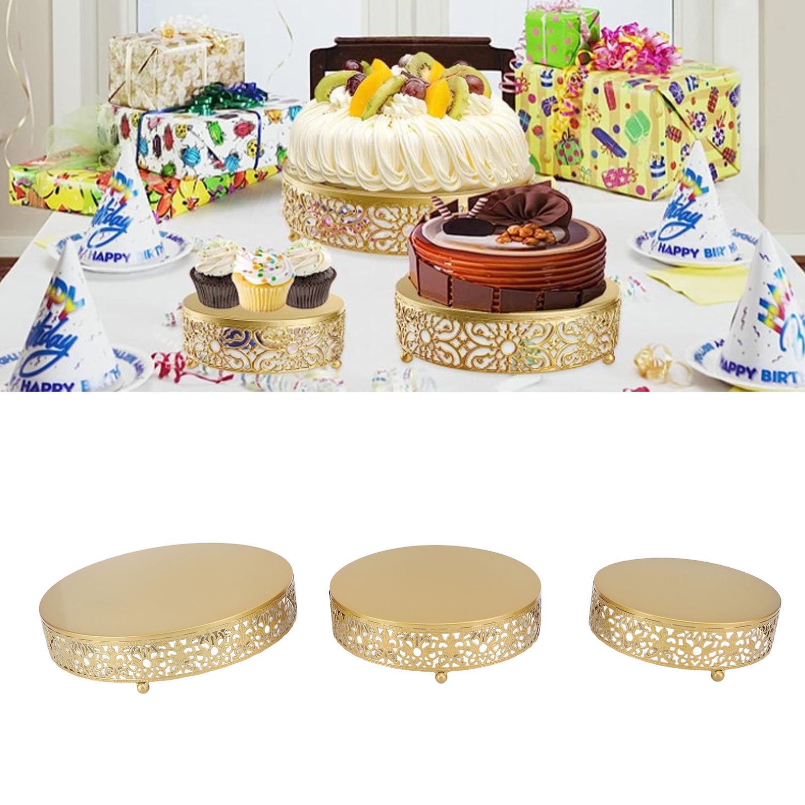Alzata Per Torte 5 Pezzi In Metallo Bianco – Set 3 Piatti Rotondi E 2 Vassoi Quadrati – Espositore Per Dessert, Matrimoni, Compleanni E Feste - 2