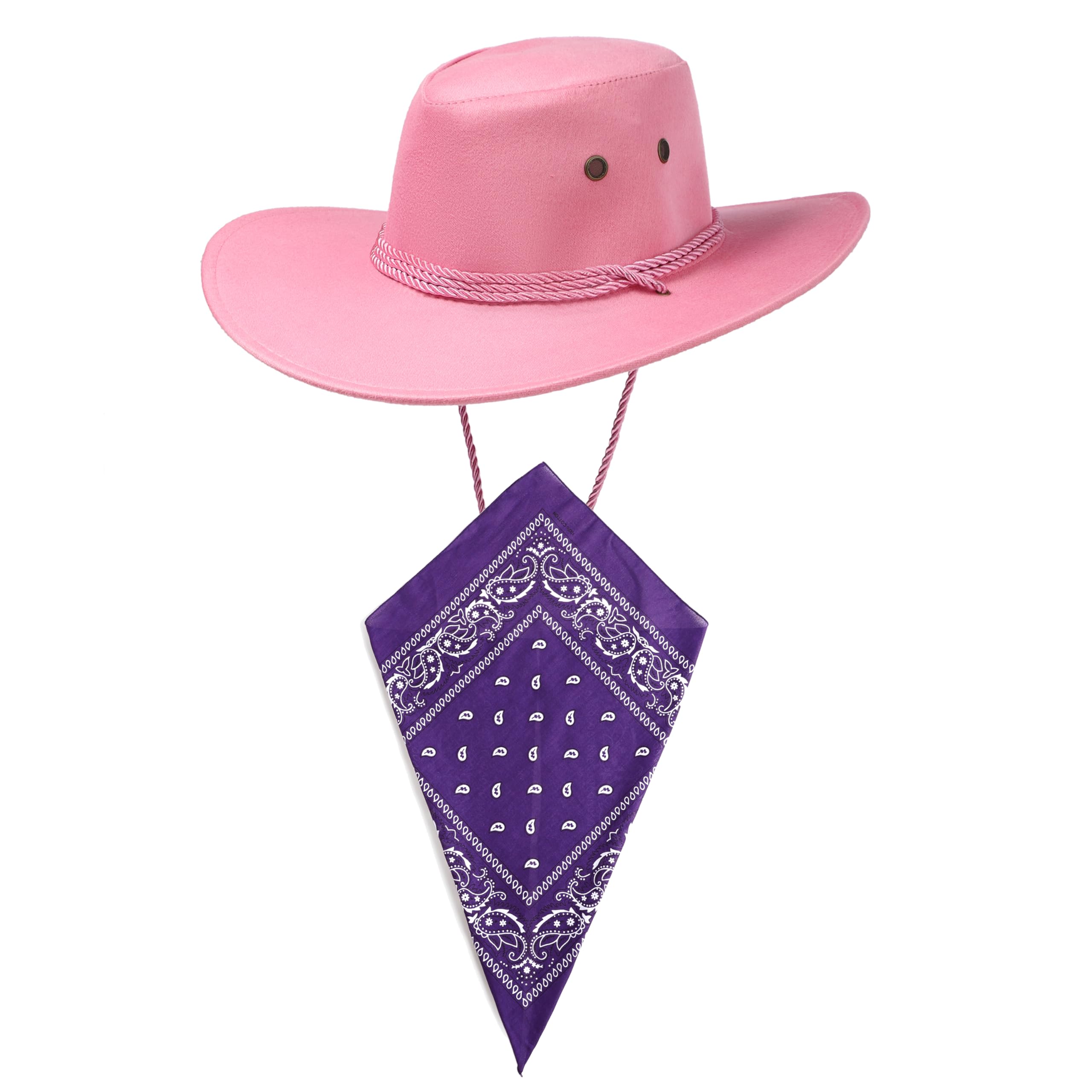 Komonee Pink Cowboy Hat and Purple Bandana Western Sun Cap Faux Felt Leather Suede Fancy Dress Party Costume Outfit Neckscarf Sun Protection Mens Womens โ image 1