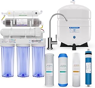 Max Water 10 Stage Under Sink RO (Reverse Osmosis) Water Filtration System + Heavy Duty Tank + Faucet - (5 in 1) PH+ Alkaline System - 50 GPD (Gallons Per Day)