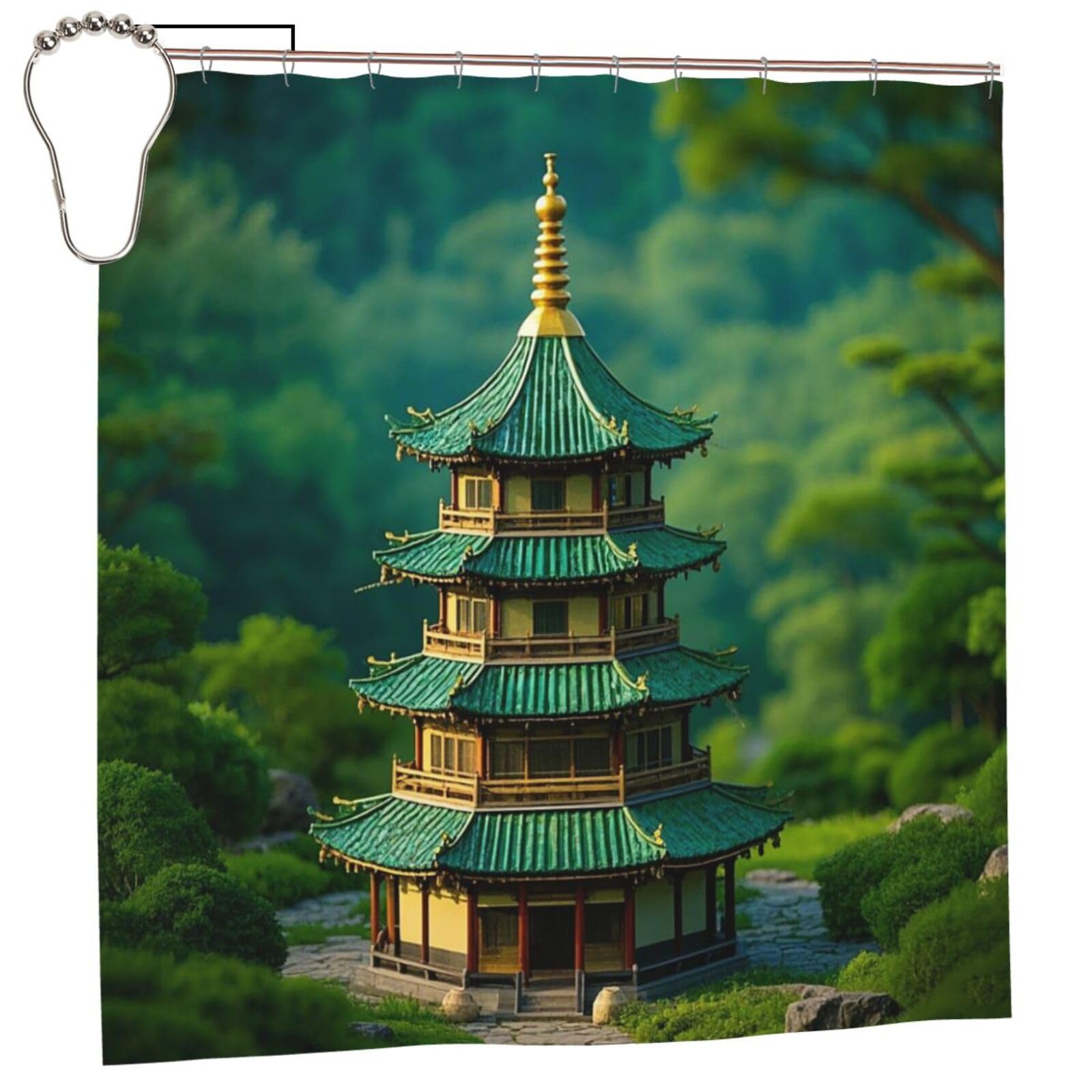 FodPand Pagoda Garden Shower Curtain 70"x70" Waterproof Long Bathroom Curtain Heavy Duty Thick Cloth Bath Curtain Set with Hooks, Modern Abstract Art Pattern Bathroom Shower Curtains