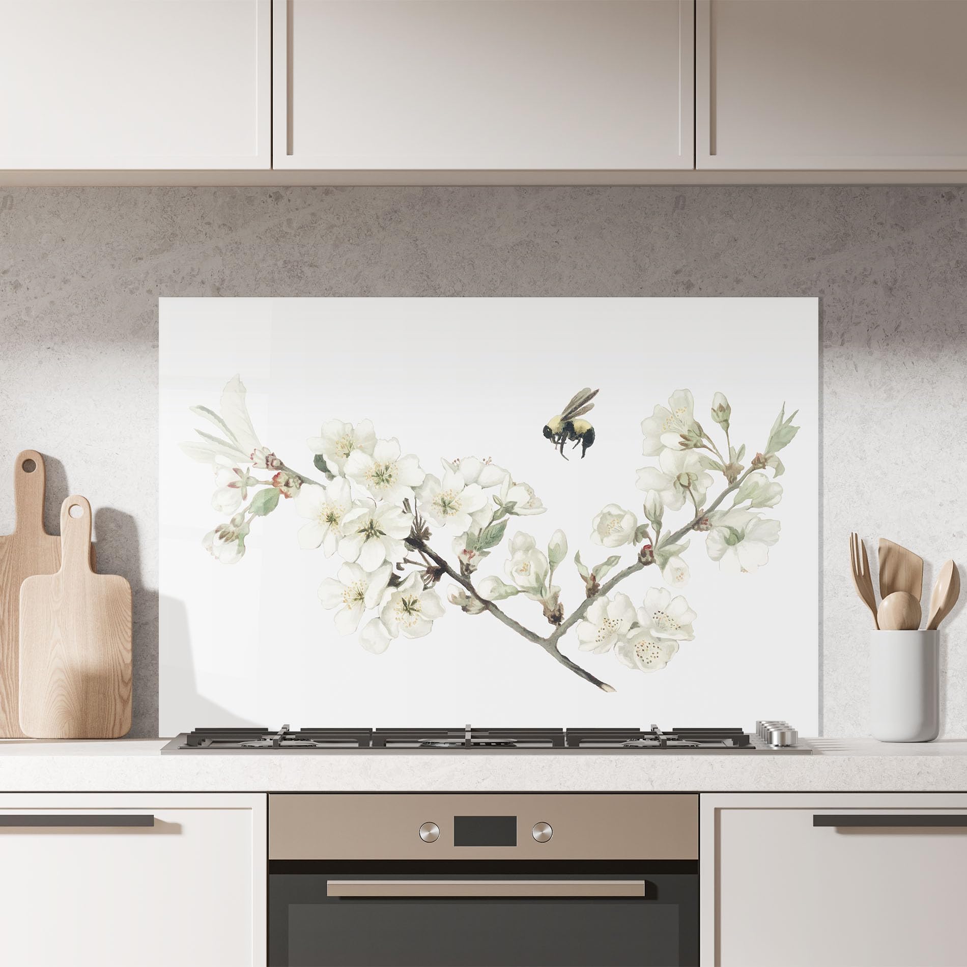 ARTHUB® Crédence de Cuisine en Verre 60x100 cm, Bee Spring Flower | Protection Contre Les éclaboussures, Revêtement Mural en Carreaux, Plaque en Verre, Verre trempé, Paysages, Printemps
