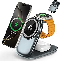 Vista 1 de Estación de carga plegable 3 en 1 para iPhone 16e/16/15/14/13/12 compatible con Apple Watch 10/9/8/7/6/5/4/3 Ultra, estación de carga inalámbrica