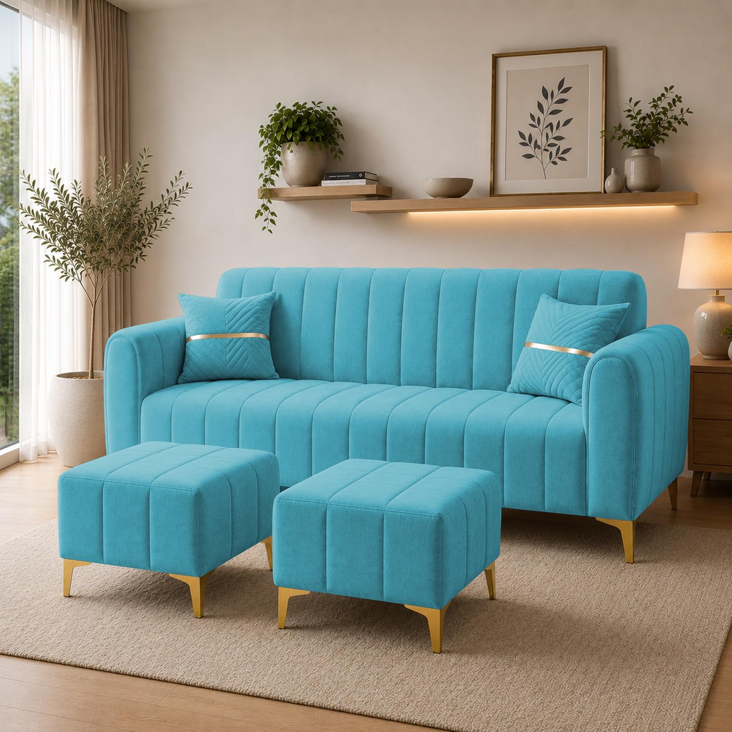 Casaliving Sandor 4 Seater L Shape Convertible Sofa Set for Living Room, 3 Seater & 2 Ottoman Modular Sectional Couch for Small Space (Red Colour) Fabric-image-2