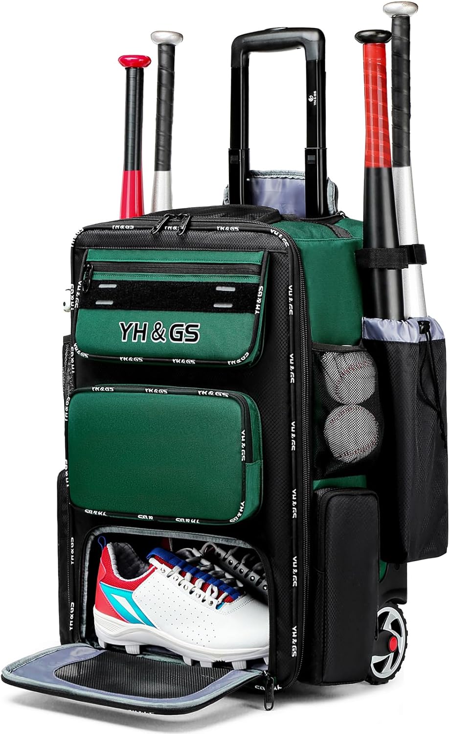 Rolling Baseball Bag,Wheeled Softball Bag with Fence Hook for TBall Bat & Equipment,Lightweight Baseball Bat Bag with Shoe Compartment