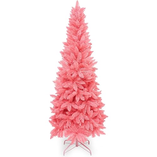 7ft Artificial Pencil Slim Pink Christmas Tree Unlit-Tall Skinny Hinged Full Real Tall Halloween Xmas Tree with 950 Branch Tips-Foldable Metal Stand-Easy Setup-Holiday Outdoor Indoor Decor