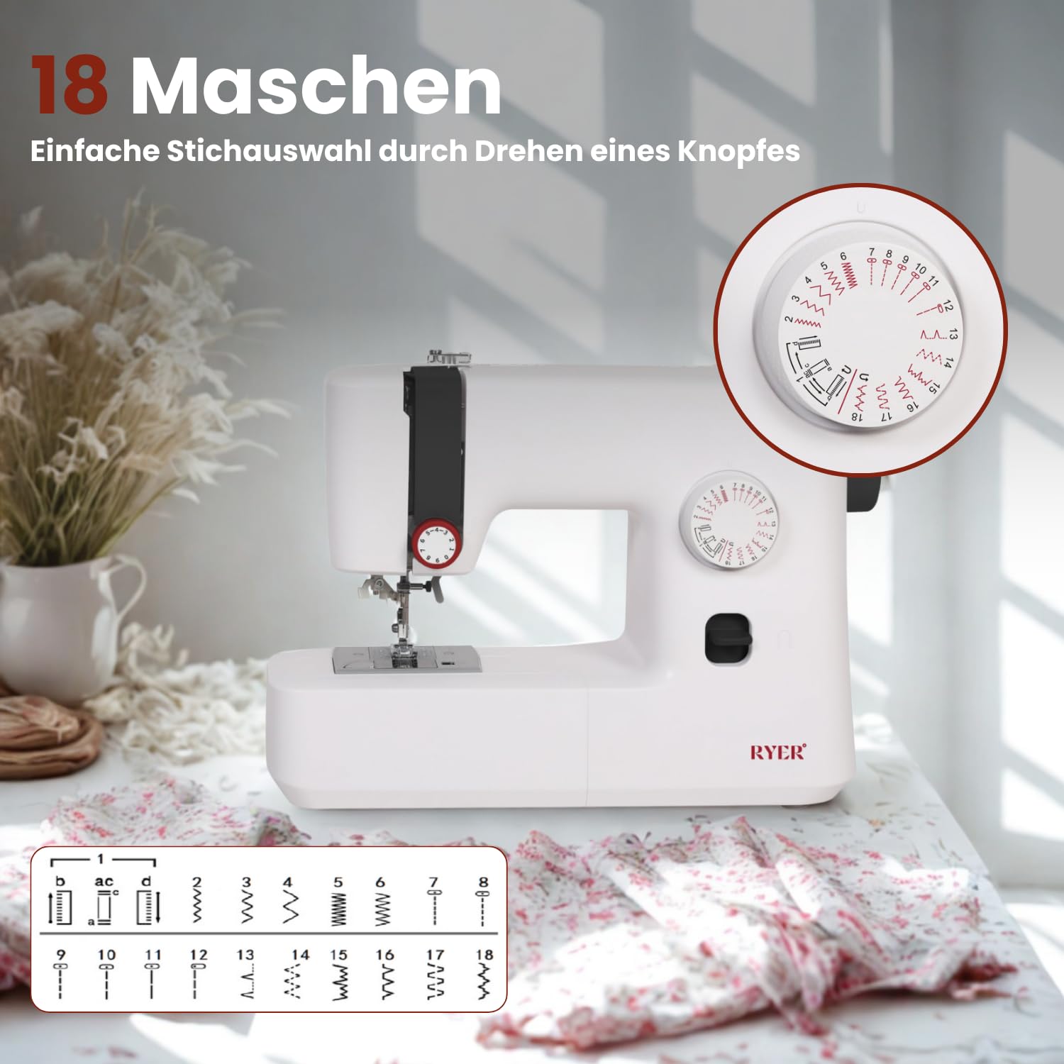 RYER Nähmaschine – 18 Stichprogramme, 7-Zahn-Transporteur, Horizontaler Rotierender Greifer, LED-Licht, Fadenschneider, Fußpedal & Zubehör – Kompakte und Robuste Nähmaschine für Anfänger und Fortgesch