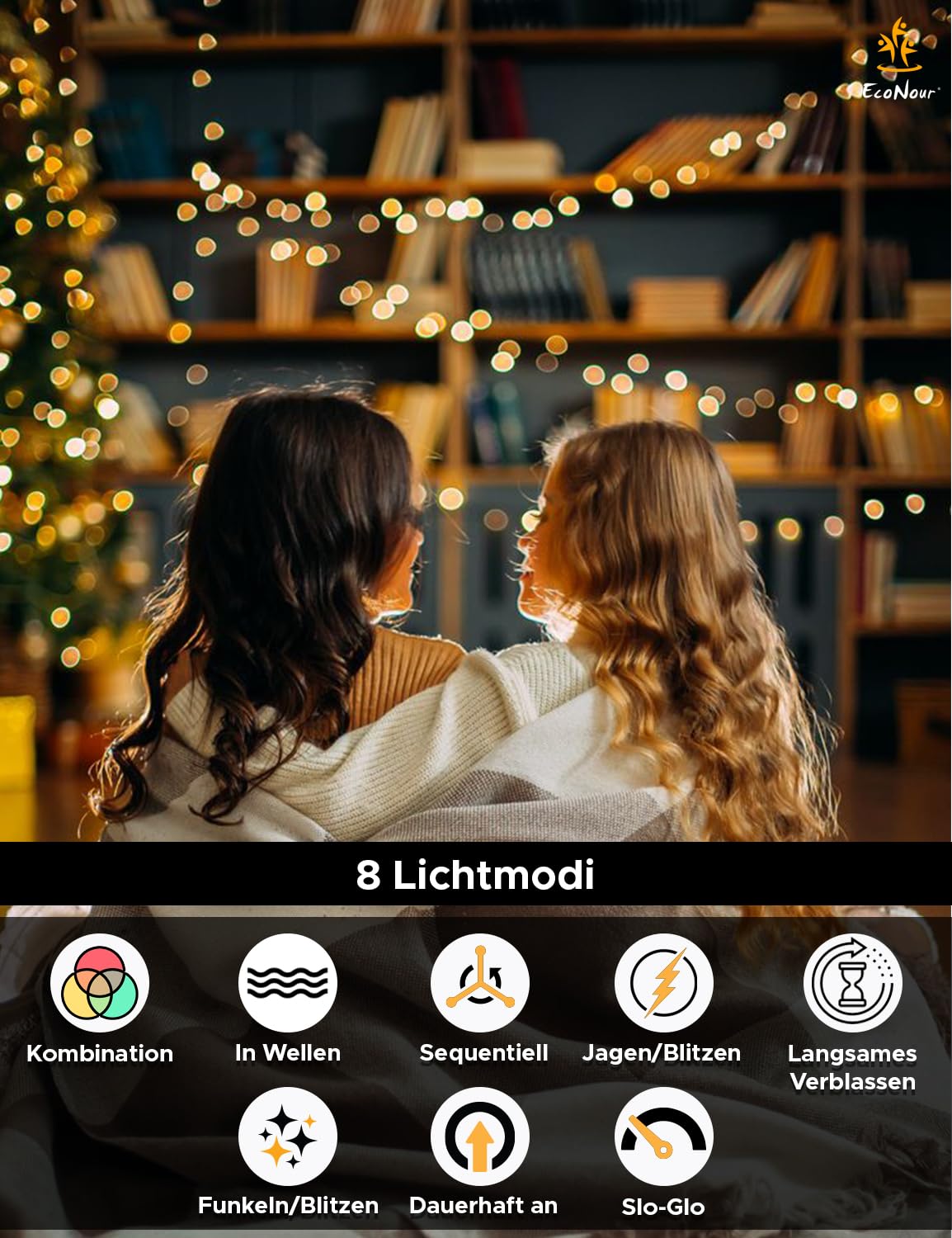 EcoNour Cluster-Lichterkette mit 2000 LEDs – 6 Stunden Leuchtdauer, 8 Lichtmodi, Netzanschluss, wasserdicht, für den Innen- und Außenbereich – 2000 LEDs / 25 m Leuchtlänge, Warmweiß
