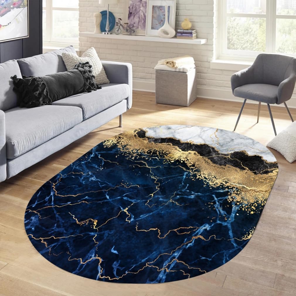 Contemporary Modern Aesthetics Navy Gold Oval Beside Abstract Area Rug for Livingroom Bedroom Non Shedding Ultra Soft Wool Carpet Under Dining Table