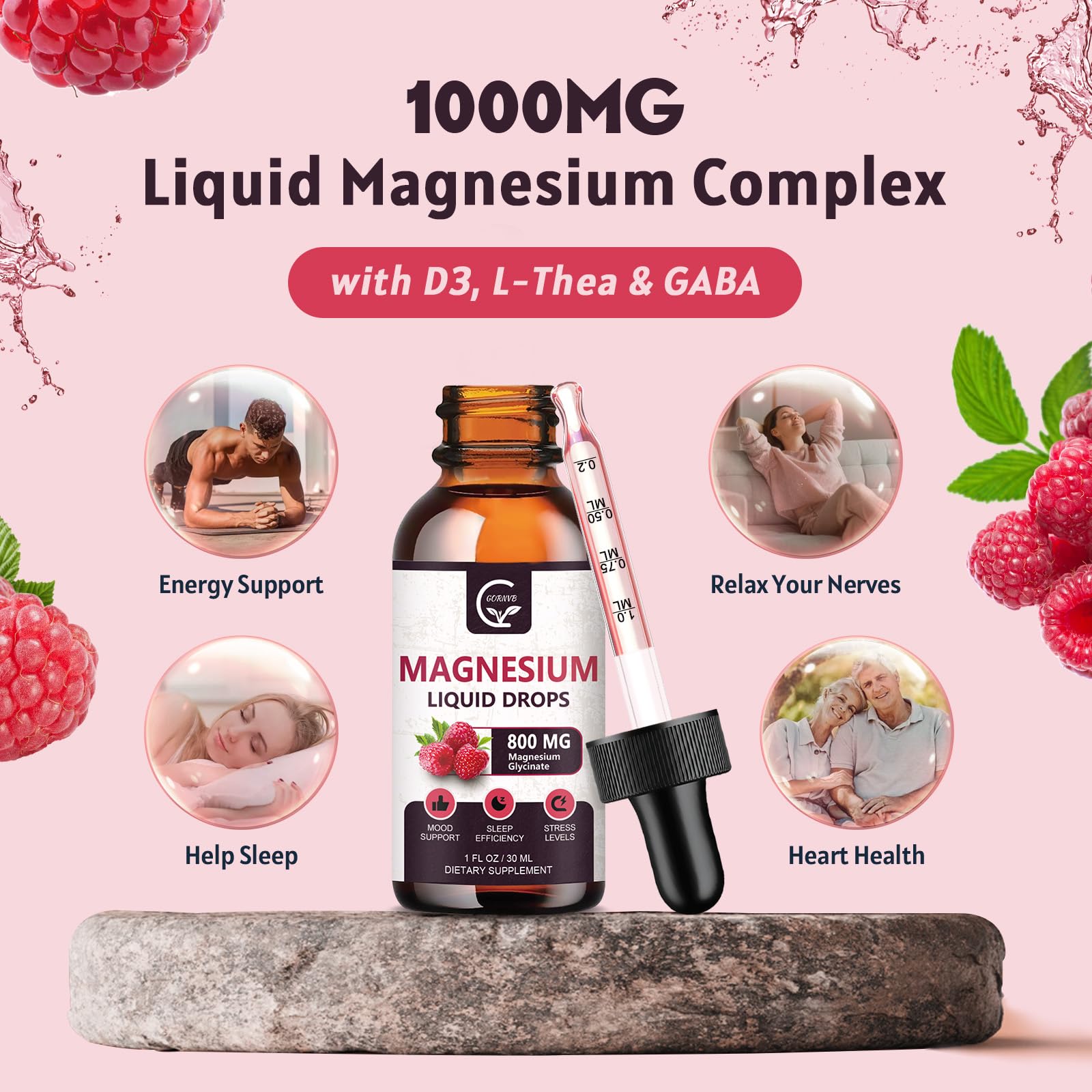 (2 Pack) Magnesium Glycinate Liquid Drops | 1000mg Liquid Magnesium Complex with D3, L-Thea & GABA for Energy, Sleep, Nerve and Heart Health, High Absorption, Raspberry Flavor — Amazon image 4