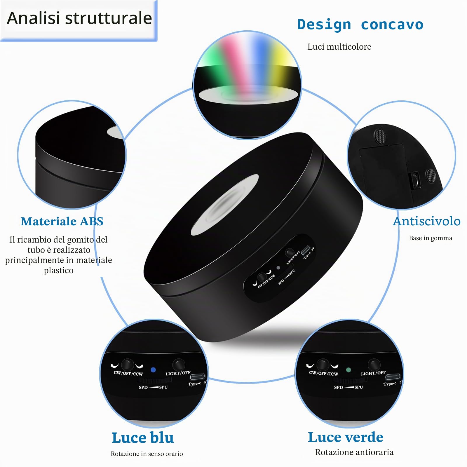 Piatto girevole a LED elettrico – Piatto girevole silenzioso a 360° con 8 colori, direzione regolabile e velocità, base nera da 12 cm per esposizione, batteria e funzionamento USB