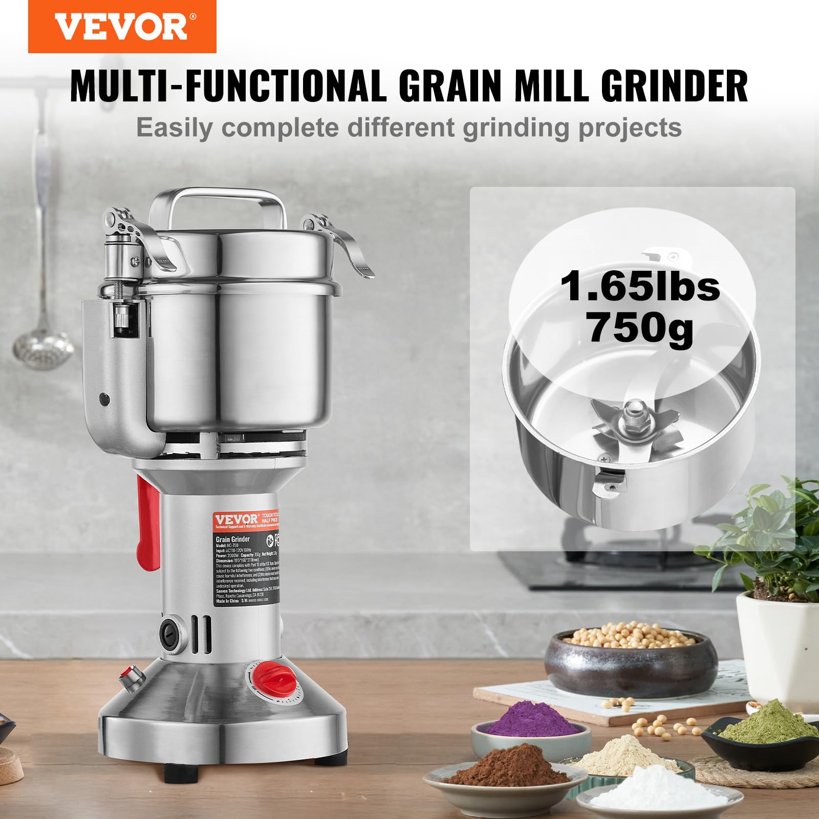 VEVOR 750g Electric Grain Mill Grinder, High Speed 2000W Commercial Spice Grinders, Stainless Steel Pulverizer Powder Machine, for Dry Grains Spices Cereals Coffee Corn Pepper, Straight Type