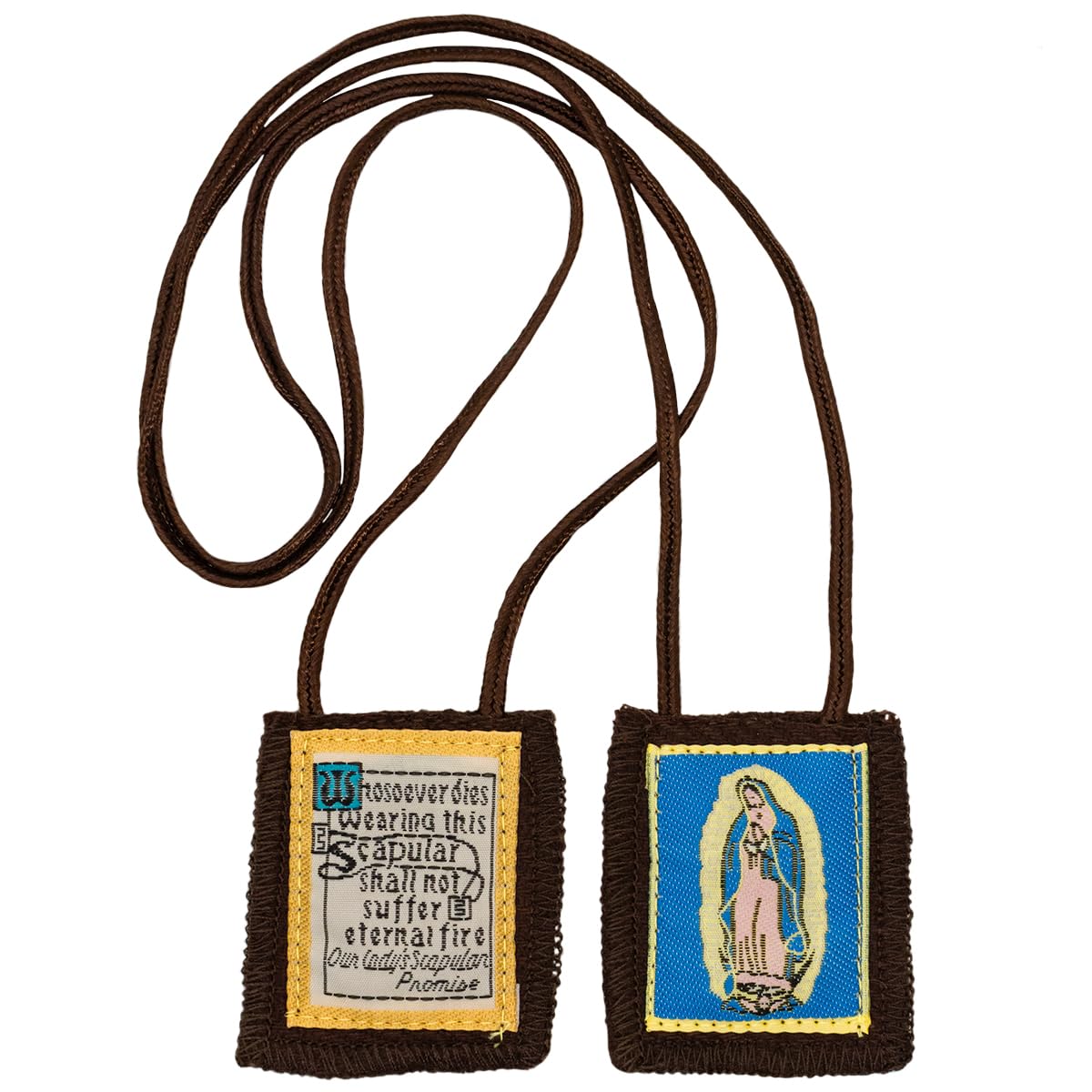 Venerare Catholic Holy Figure Saint Scapular | 100% Wool | Comes with Enrollment Papers (Our Lady of Guadalupe Scapular (Blue Background))