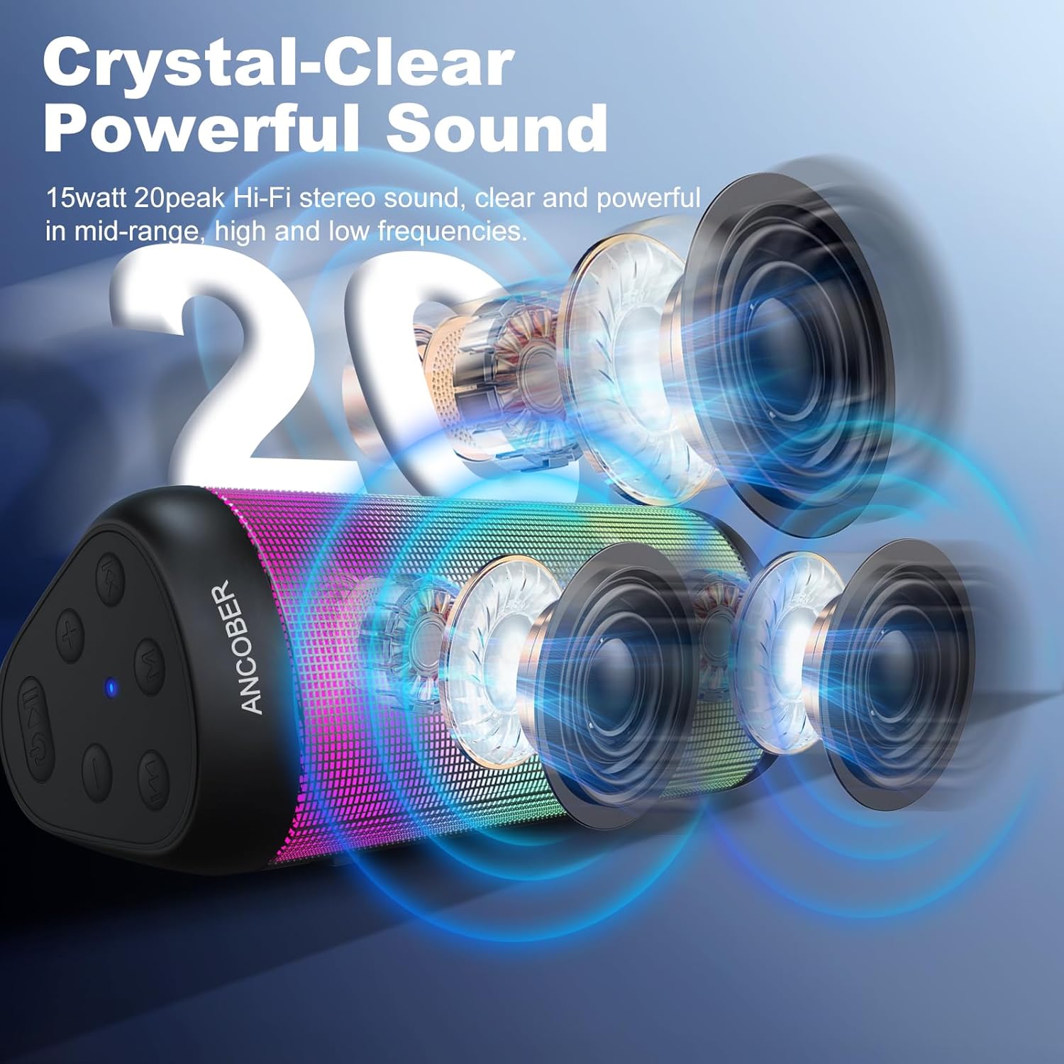 Portable Wireless Bluetooth Speaker with HD Powerful Stereo Sound, 8 Cool LED Light Modes, IPX4 Waterproof, 30H Playtime, TWS Pairing, BT5.3 with AUX-in, for Outdoor/Home/Party, Ideal Gift - Image 2