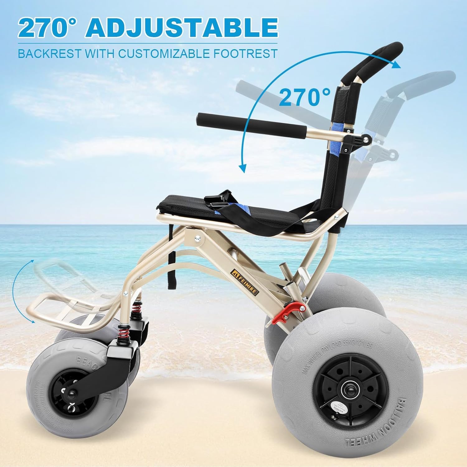 All-Terrain Beach Rollstuhl mit Ballonreifen - Klappstuhl für weichen Sand, Gras, Kies und Wasser - kompakt und reisefreundlich für ältere Menschen