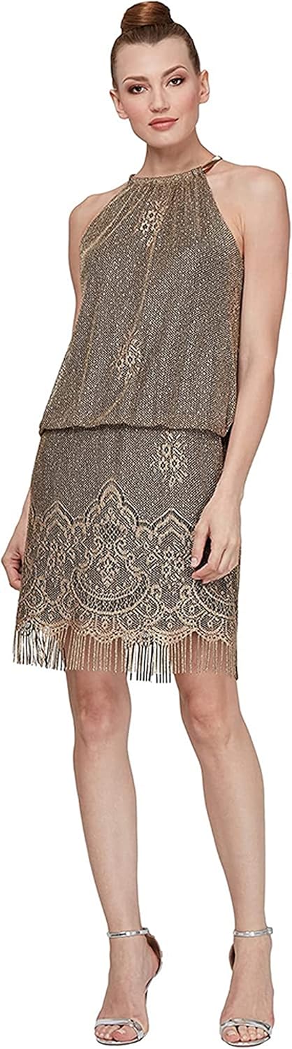 S.L. Fashions Women's Blouson Halter Crochet Fringe Hem Short Dress (Missy Petite) 4 Petite Gold