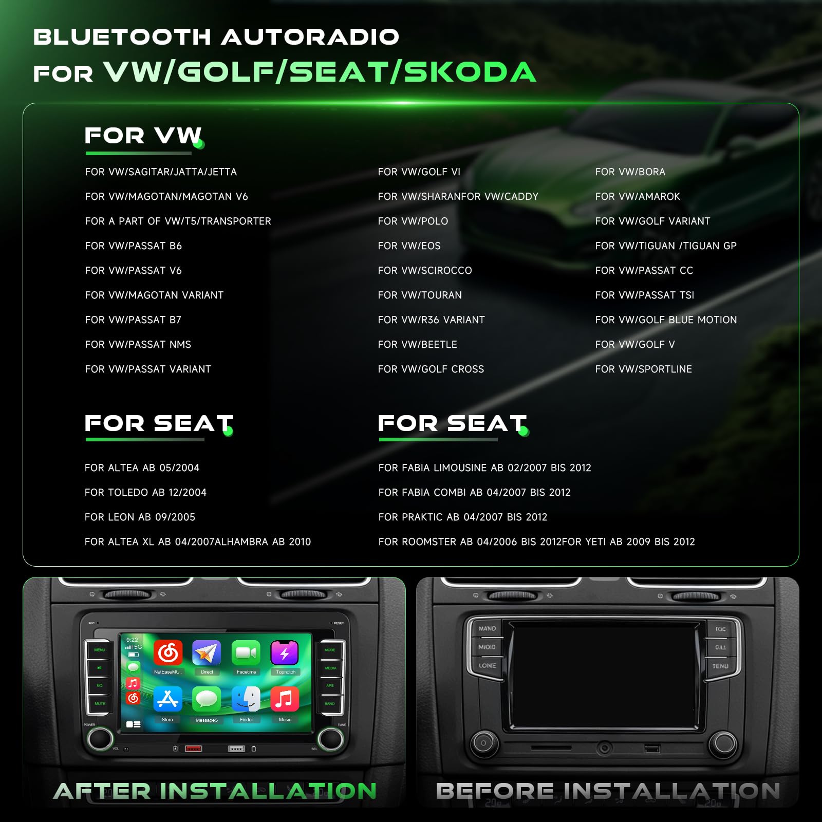 Radio de Coche para VW Golf 5 6 T5 Polo 6r Caddy Passat Touran Seat con 7 Pulgadas Pantalla, Radio Coche 2 DIN con CarPlay y Android Auto, Portátil Bluetooth con Trasera Cámara FM/Am/RDS EQ SWC
