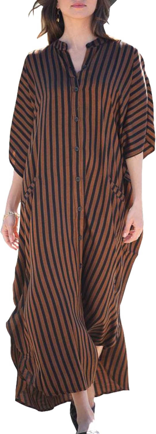 Chunoy Womens Button Down V Neck Kimono Sleeve Long Kaftan Beachwear Cover Up Maxi Dress