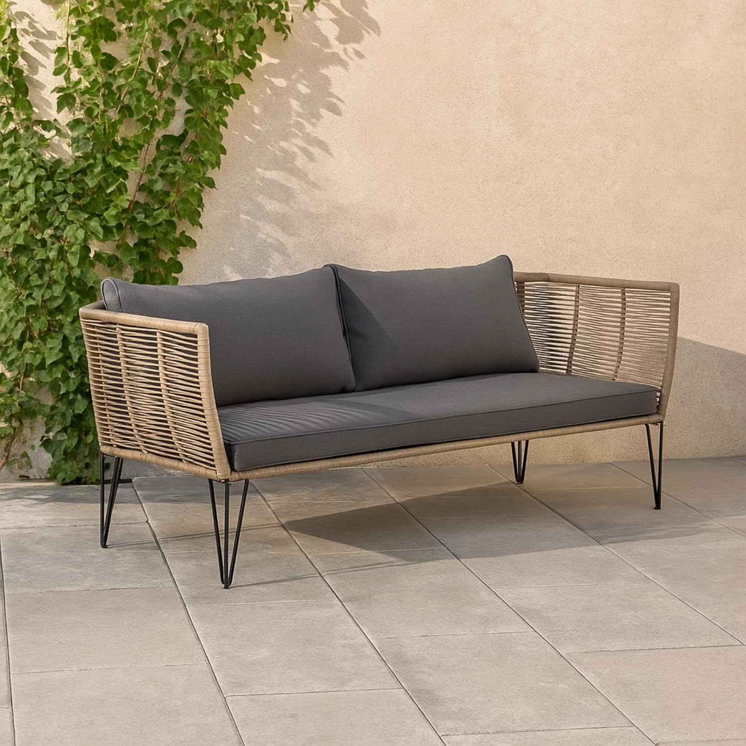 DEVOKO Rope Patio Loveseat Outdoor Furniture, All-Weather 2 Seater Garden Sofa, Balcony, Couch Lounge Chair with Cushions (Beige & Dark Grey)