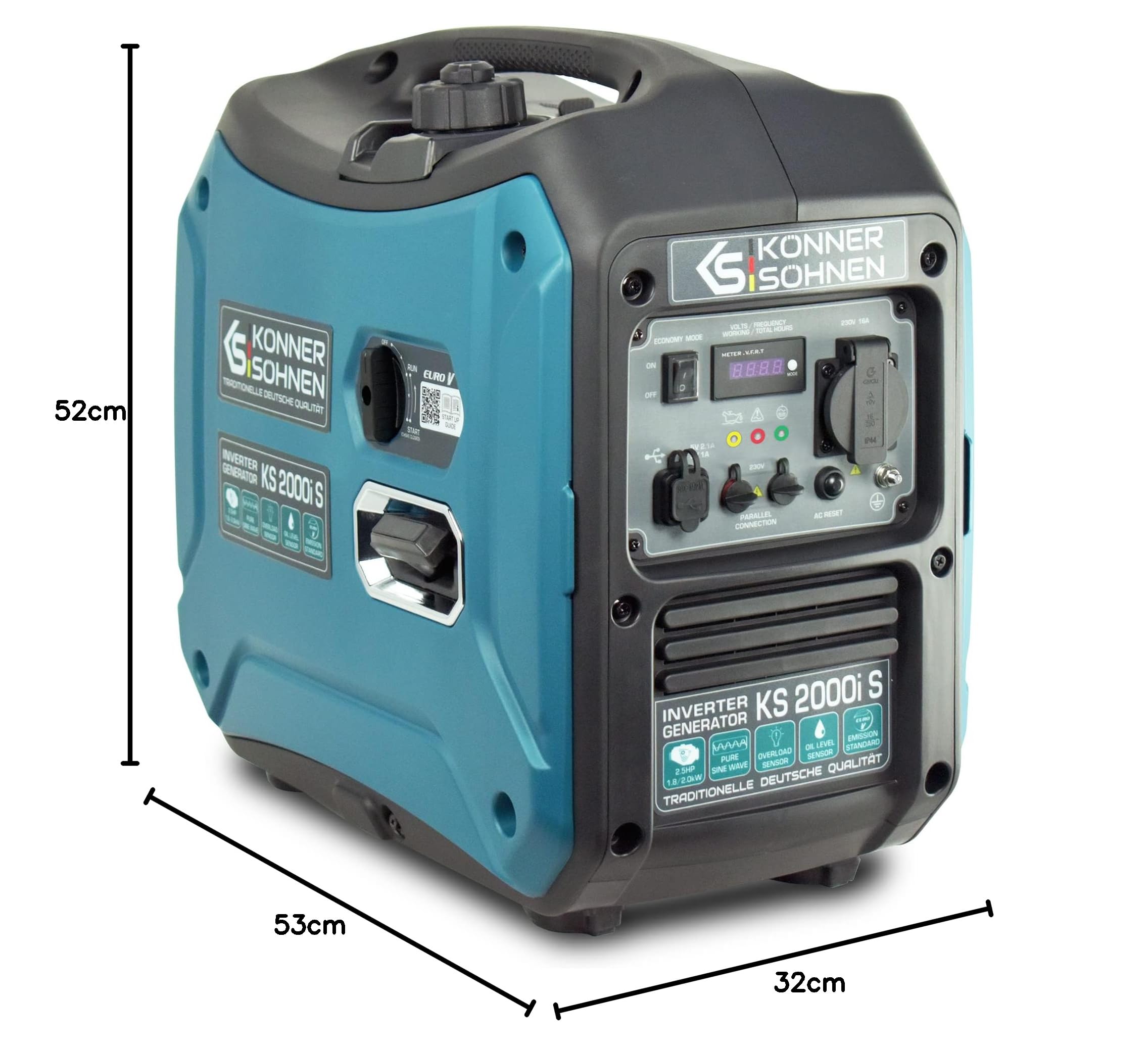 Könner&Söhn KS 2000i S - Generador de inversor 2000 W,(64 dB Lpa 7 m), 1 x 16 A (230 V), 2 puertos USB, bobinado de cobre, protección contra cortocircuitos y sobrecargas, alternador síncrono