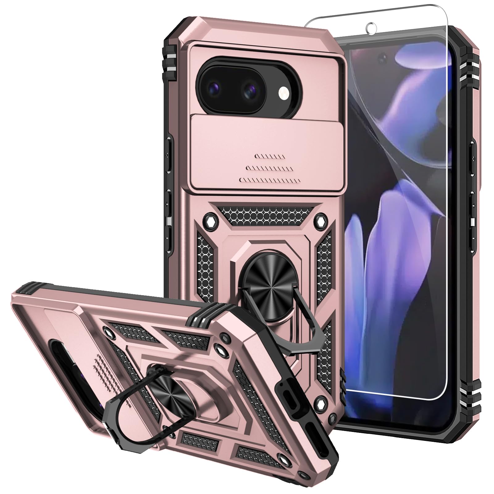 SKMY for Pixel 9a Case,with Screen Protectors and Camera Cover,[Military Grade] 16ft.Drop Tested Cover with Magnetic Kickstand Protective Case for