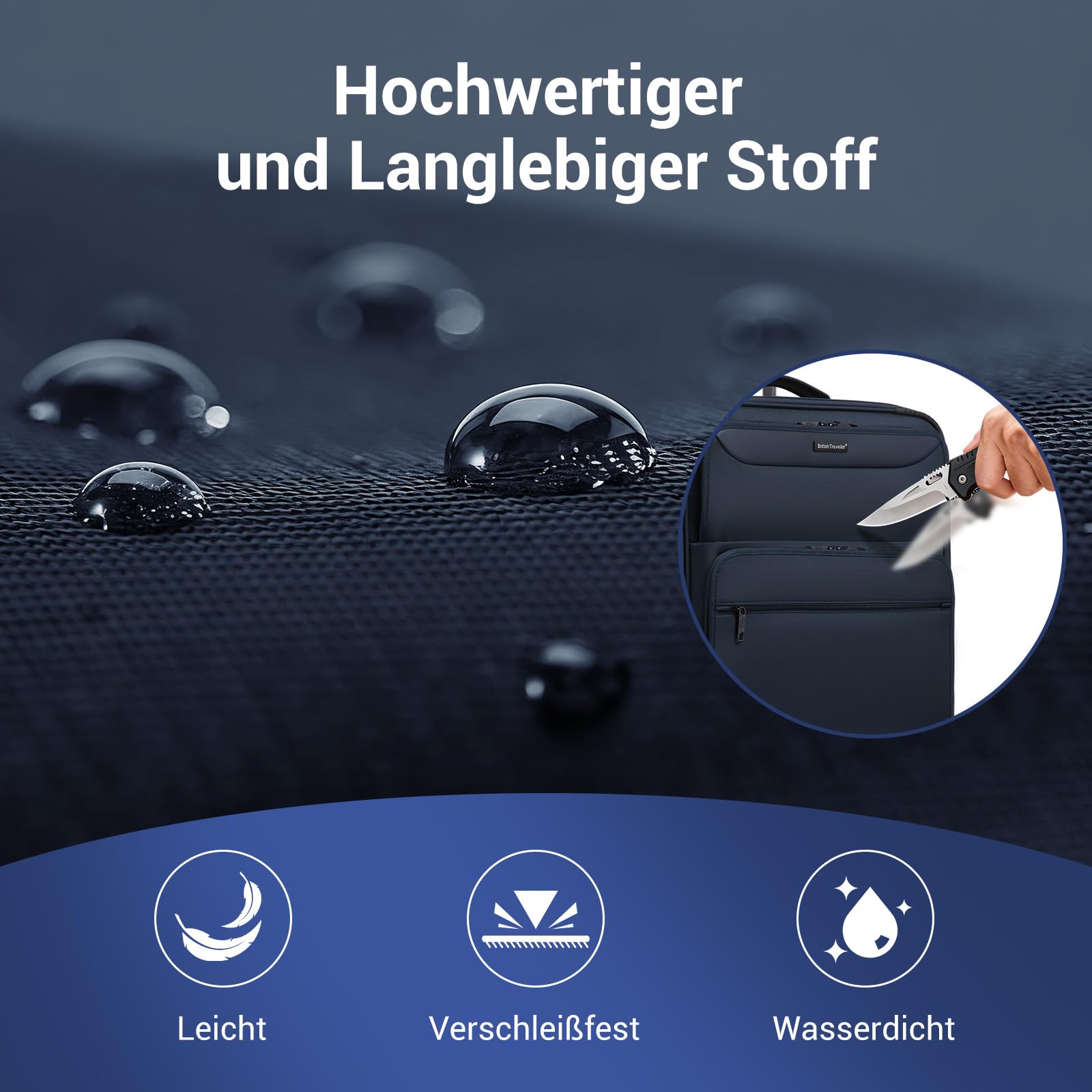 British Traveller Erweiterbarer Koffer Groß für Familienreisen, 100L Stoff Reisekoffer mit Volumenerweiterung,4 Rollen Koffer Trolley mit TSA Schloss,79.5x49x32.5 cm (Blau)