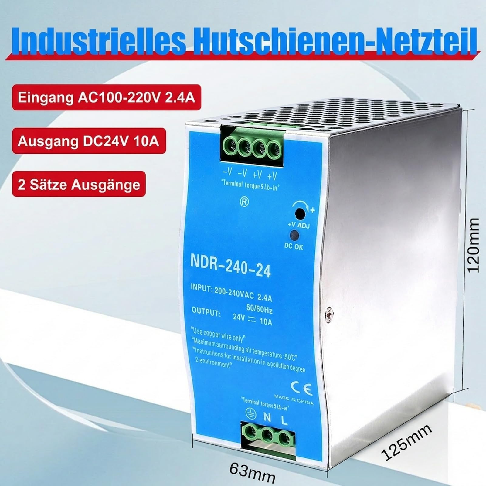 24V Netzteil hutschiene 240W DIN-Schienen-Schaltnetzteil Eingang AC 100-220V 2,4A Ausgang DC 24V 10A Mehrere Schutzfunktionen Industrielles Modell NDR-240W-24V.
