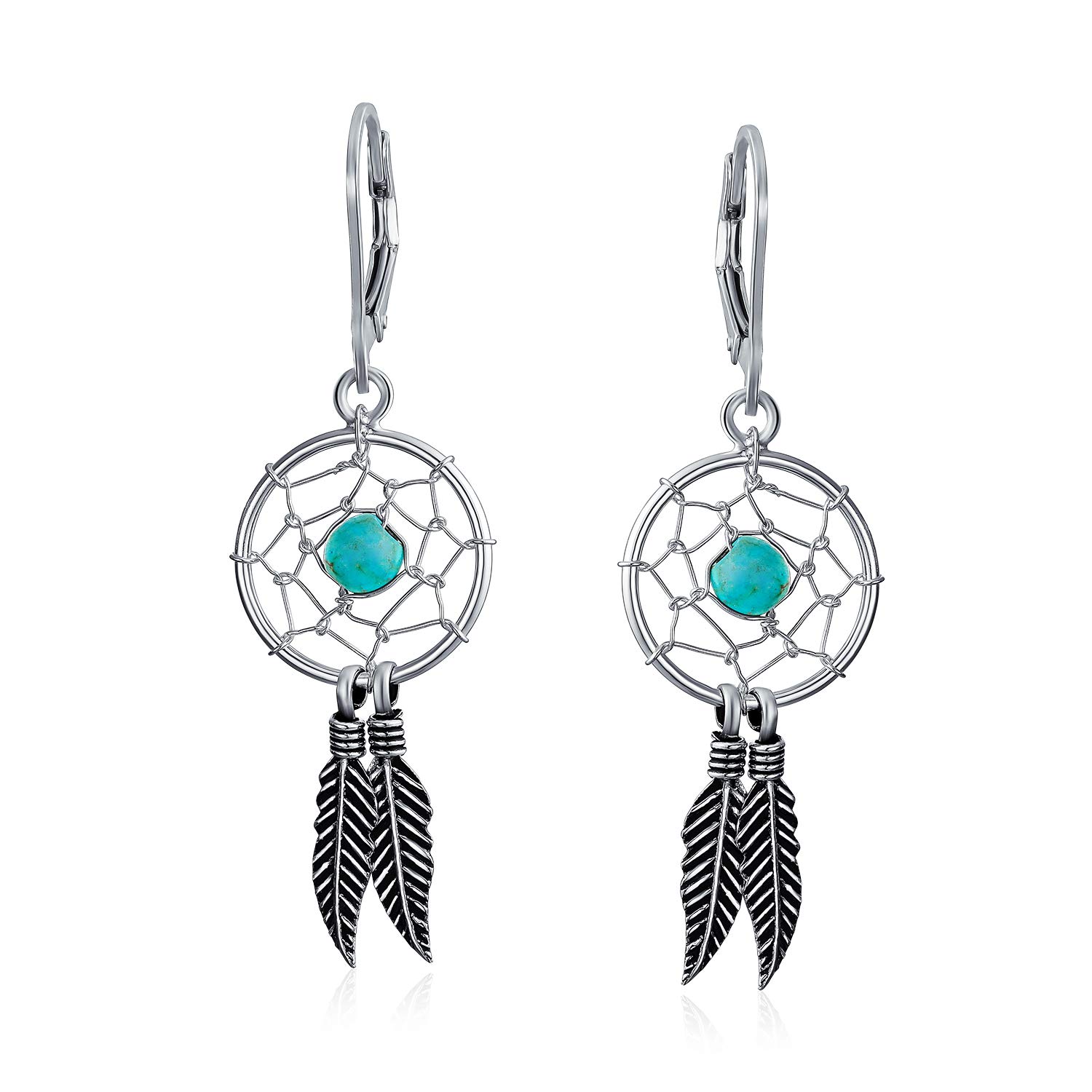 Blu Turchese Occidentale Gioielli Nativi Americani Indiani Dream Catcher Piuma Pendenti Goccia Orecchini Per Adolescente Donna .925 Argento