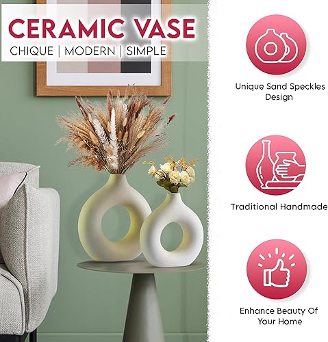 Miniatura 9 de Pripey Jarrón de rosquilla, juego de 2 jarrones huecos de cerámica para hierba de las pampas, jarrón minimalista estilo nórdico bohemio para bodas,