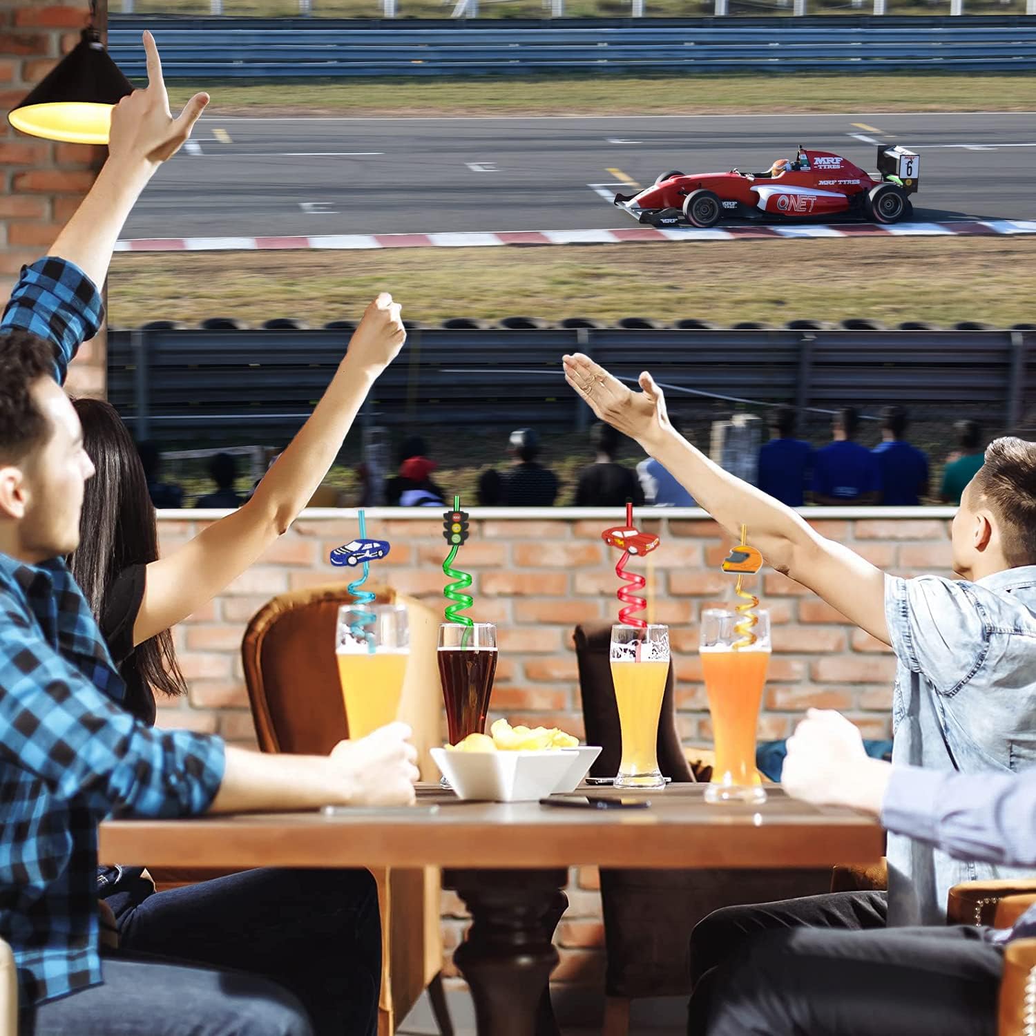 24pcs Racing Car Crazy Straws, Race Car Party Favors, 2 Brushes