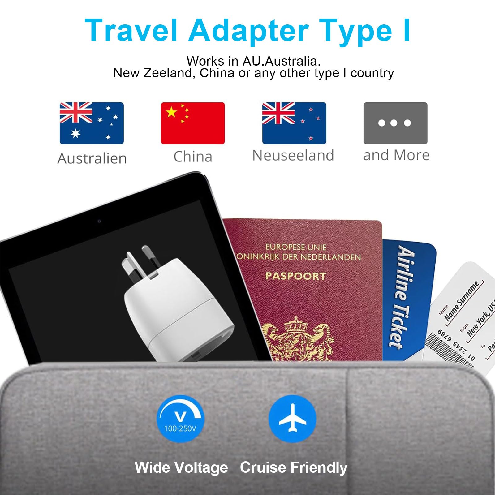 Adaptateur de Voyage Type I France vers Australie/Chine, Nouvelle Zélande, Fidji, Argentine - 2 Pièces