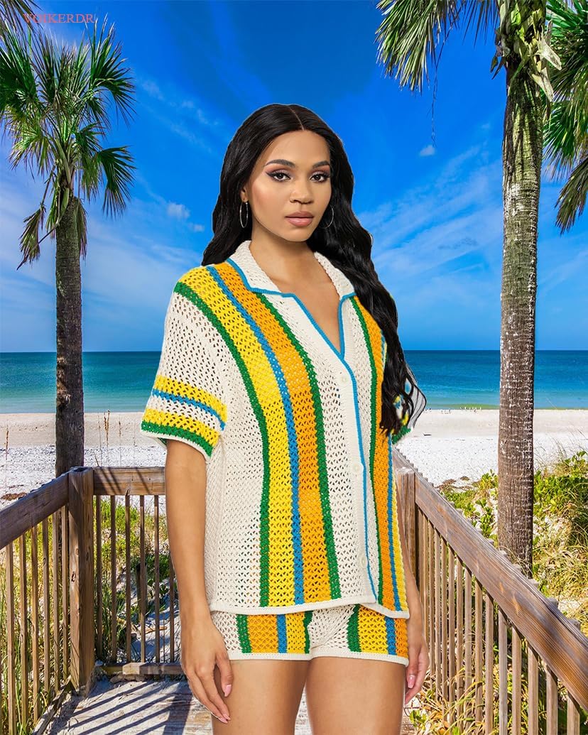 VOIKERDR Crochet Two Piece Short Set for Women Hollow Out Striped Shirt and Shorts Sexy Summer Outfits - Image 3
