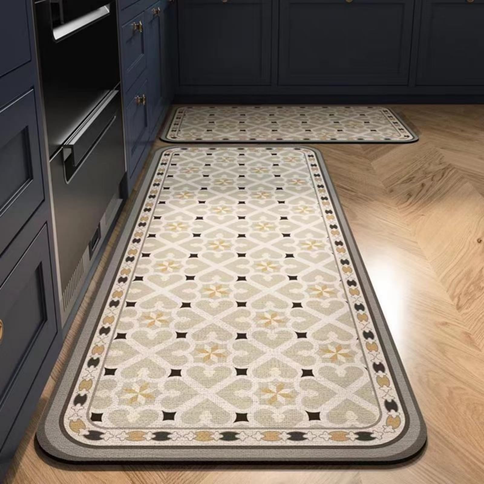 Tapis de cuisine 40x60 cm noir et beige en cuir lavable pour devant d'évier