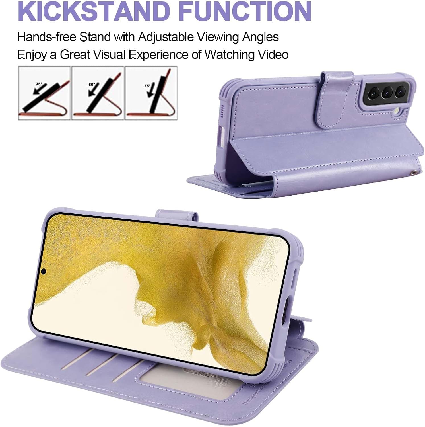 VANAVAGY Compatible for Galaxy S22+ Plus Wallet Case for Women Men, PU Leather Flip Cover with Wrist Strap for Wireless Charging with RFID Blocking Card Holder Screen Protector, Clove Purple