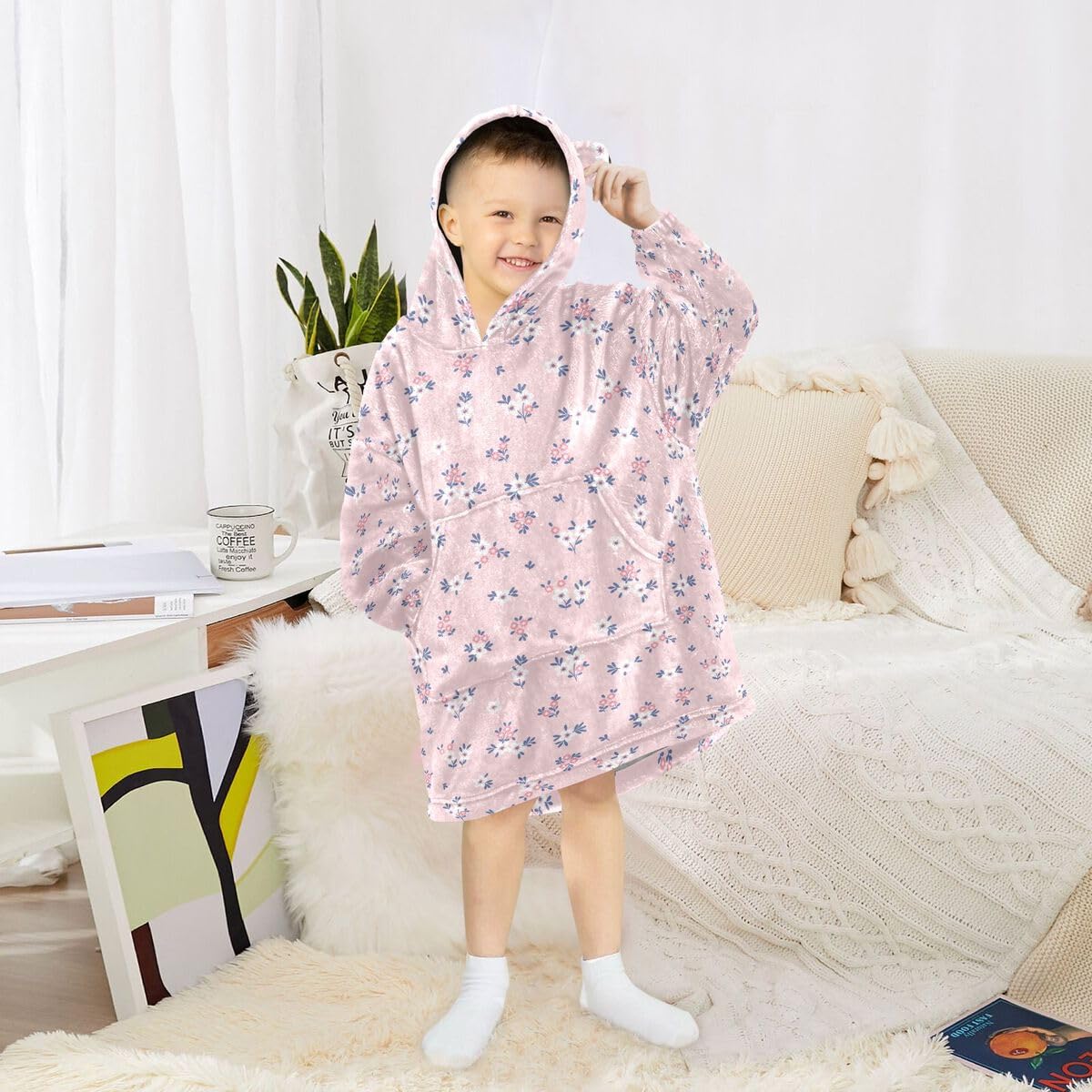 Różowy kwiat dziecięcy koc do noszenia bluza z kapturem oversize bluza koc sweter kwiatowy lato dla chłopców dziewcząt w wieku 3-14 lat