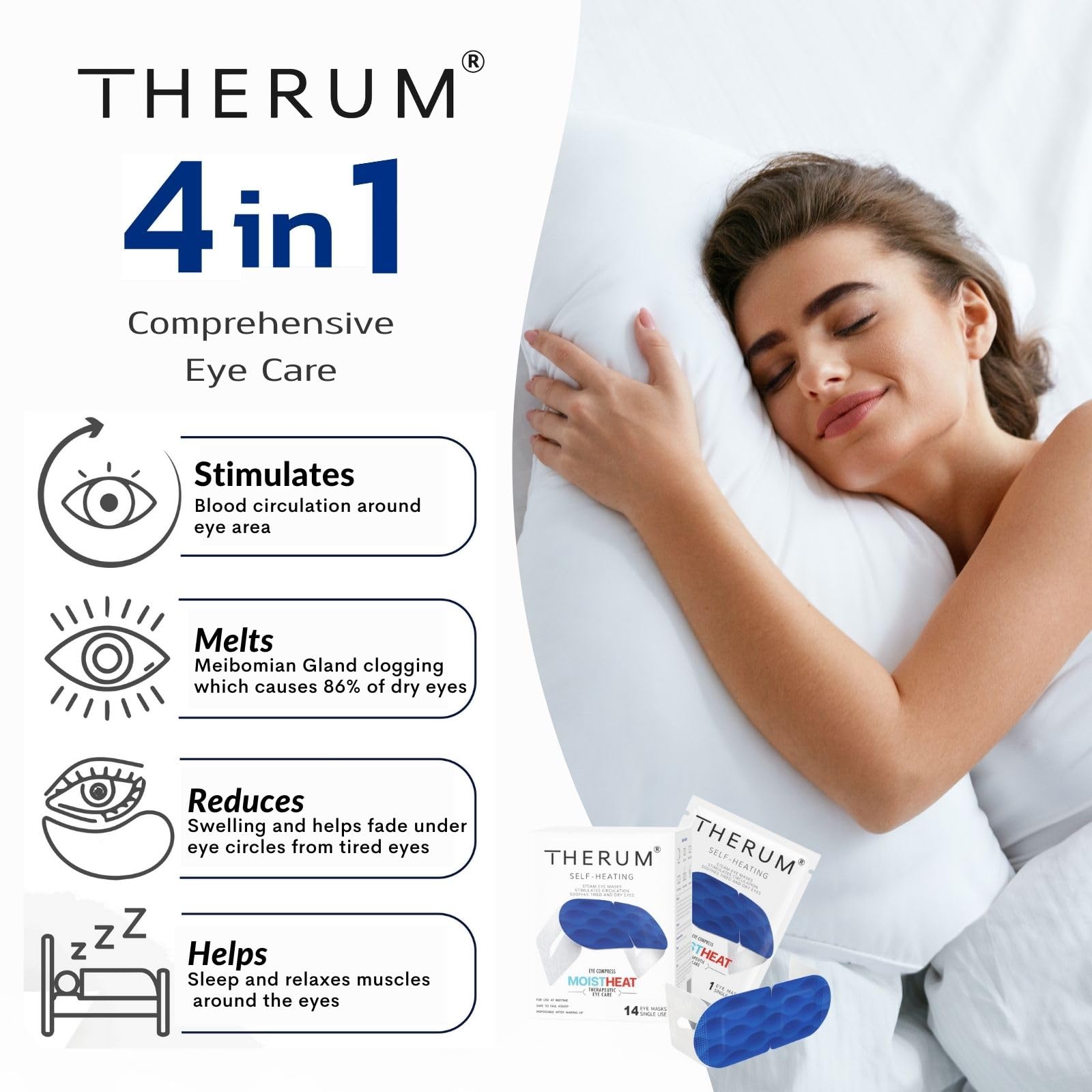 THERUM Máscara de ojos de vapor autocalentable de larga duración de 120 minutos para ojos cansados y secos, disfunción de la glándula de Meibomio, orzuelo, blefaritis (14 unidades/1 caja)