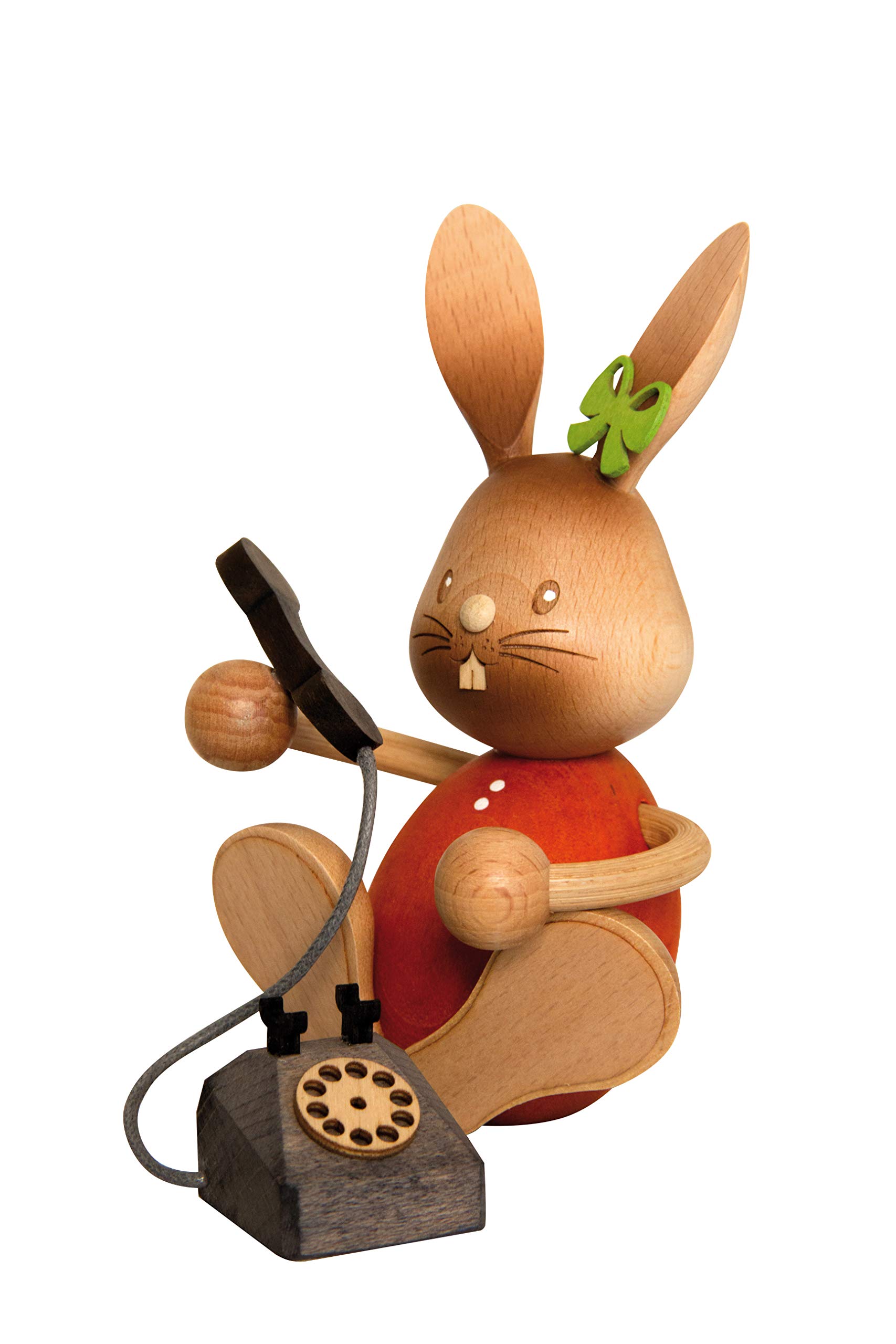 Kuhnert Drechslerei Osterdekoration/Osterhase „Stupsi Hase mit Telefon 11 cm hoch, aus feinstem Holz, für EIN Bezauberndes Osterfest oder eine dauerhafte Dekoration, Holzkunst Made in Germany