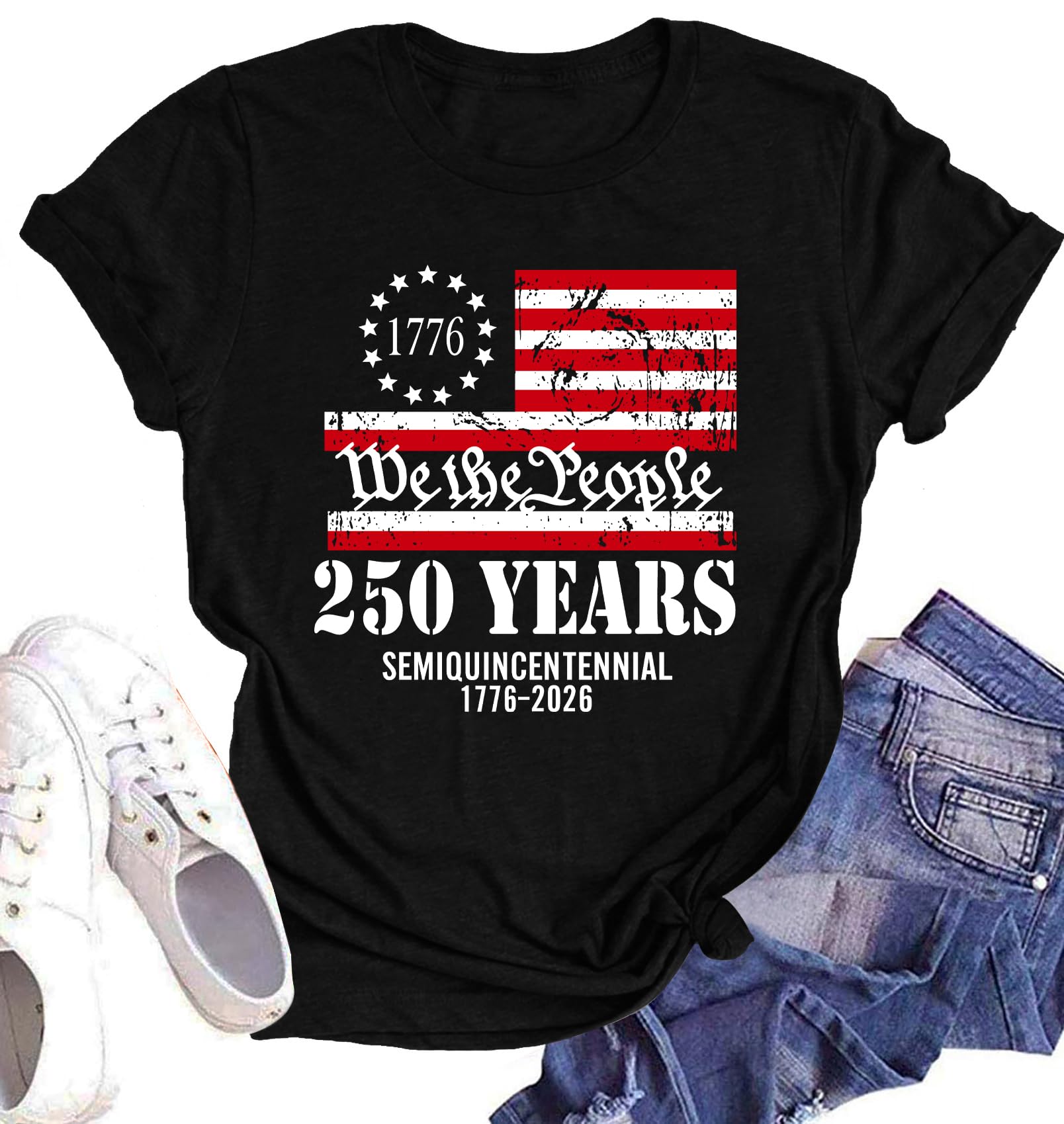 PODKREC 250 Anniversary USA Shirt Women 250th Anniversary USA Shirt Patriotic 250 Years American Flag Tshirt, Black2, M