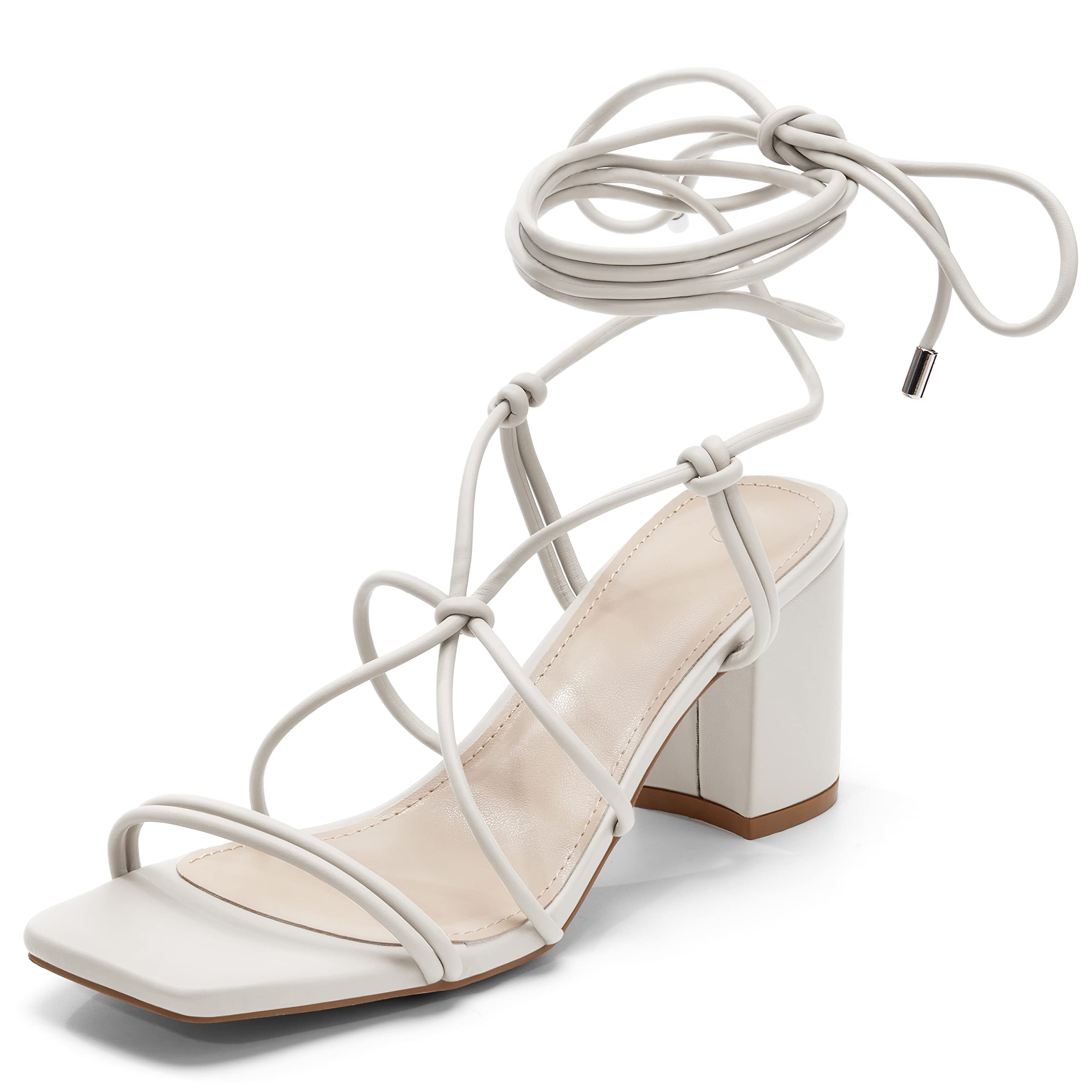 Coutgo Women's Chunky Heel Sandals Lace Up Heels Square Toe Strappy Straps Party Shoes