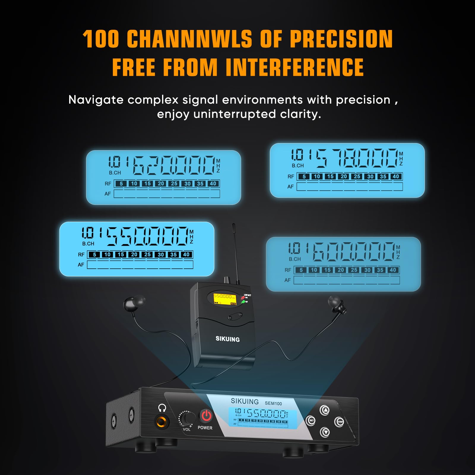 Sistema di monitor in-ear senza fili, IEM professionale con trasmettitore tascabile e auricolari, 100 frequenze UHF selezionabili, portata di 75 m, suono chiaro per musicisti, cantanti, bande