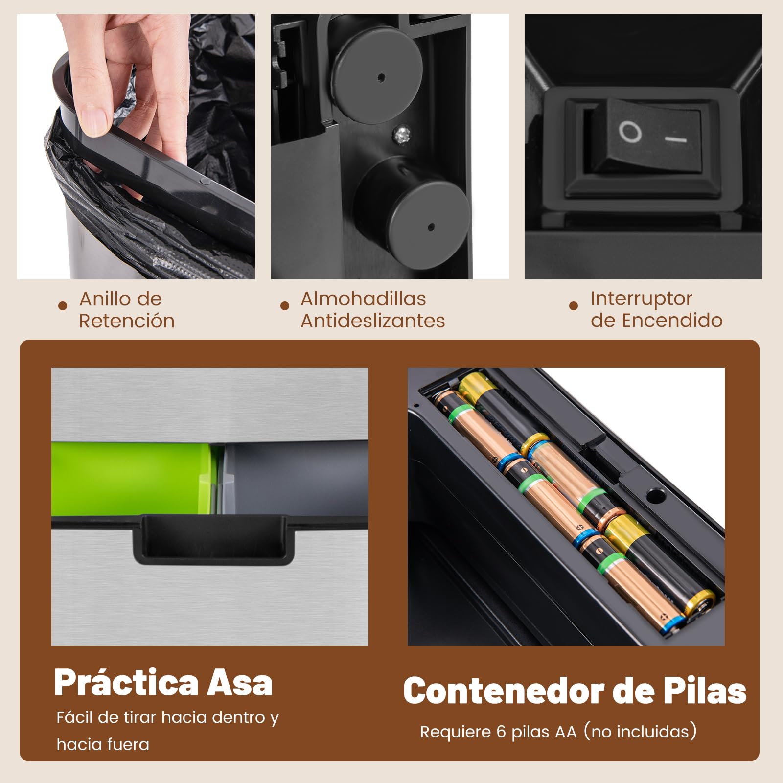 COSTWAY 72 L Cubo de Basura Automatico de Acero Inox, Cubos de Basura de Reciclaje con Sensor de Movimiento, 4 Compartimentos, 2 Niveles, Cubos de Basura Cocina Inteligente (Plata)