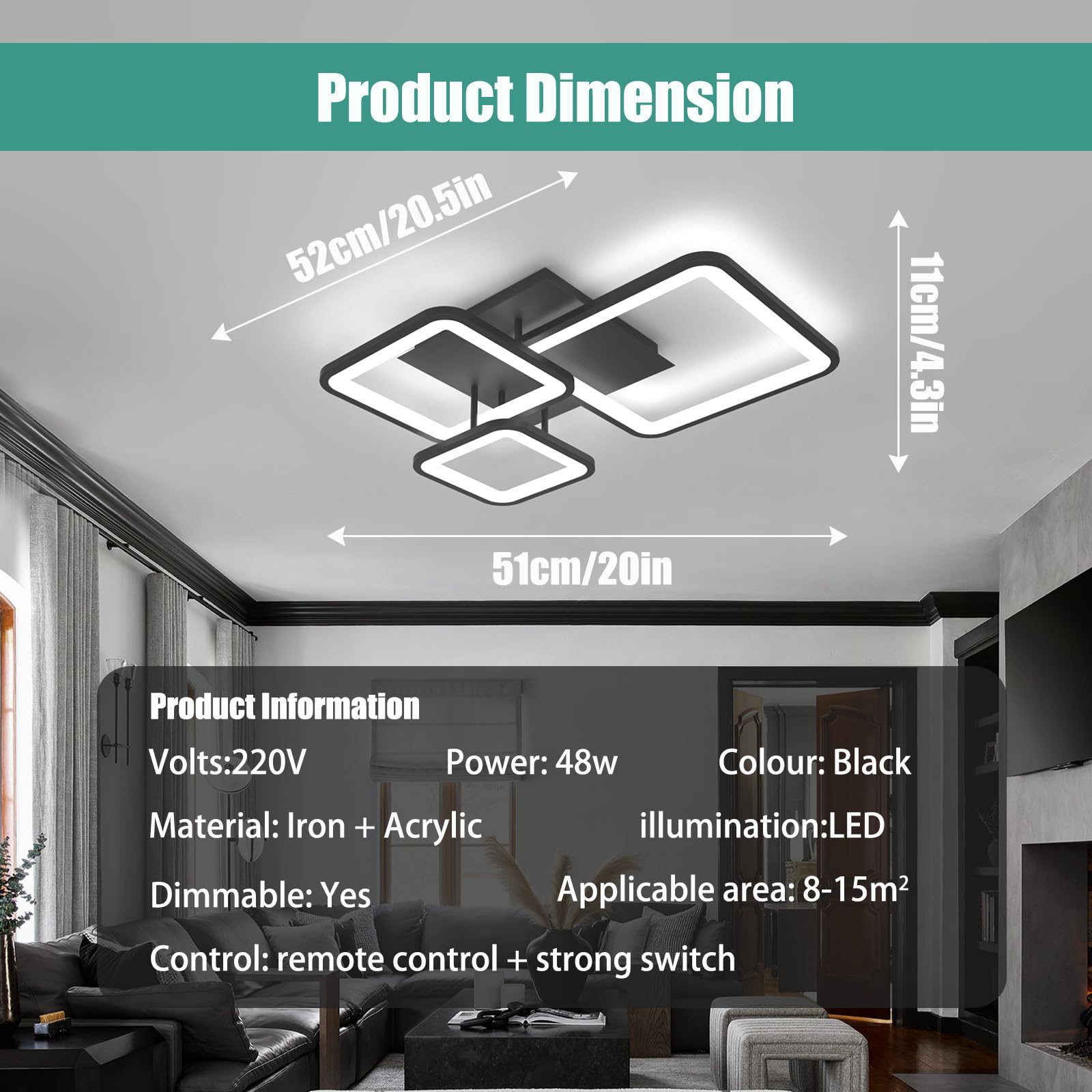 Lámpara de Techo LED empotrada de 48 W, Color Negro, Regulable, 3000-6000 K, Cuadrada, Moderna, de 20 Pulgadas, para Sala de Estar, Dormitorio, 52 cm