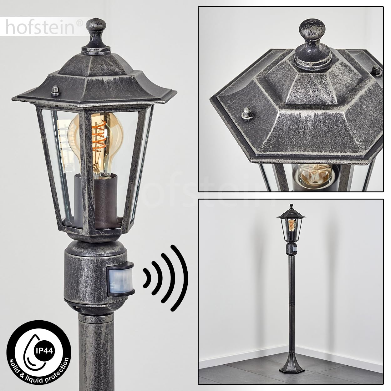 Lampa zewnętrzna Loria, lampa drogowa z czujnikiem ruchu z metalu/szkła w kolorze czarno-srebrnym/przezroczystym, lampa zewnętrzna o wyglądzie antycznym, 107 cm, lampa ogrodowa, oświetlenie ogrodowe