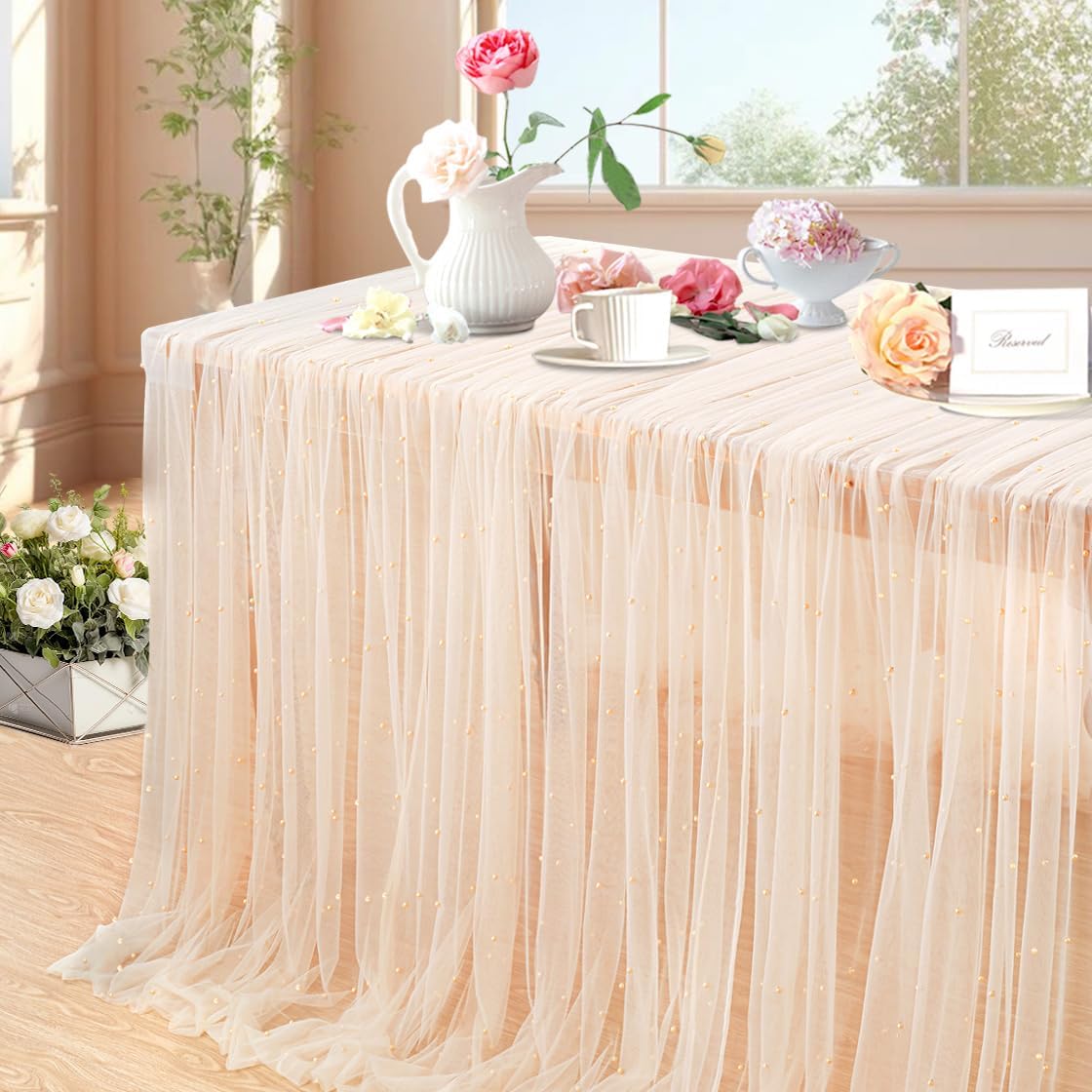 LuoluoHouse Pearl Table Runner Wedding Decorations: 3 Pieces 10ft Champagne Table Cloth Decor Tulle Lace Fabric for Bridal Veil Wedding Arch Party Sweetheart Table Decor 60x120 Inch