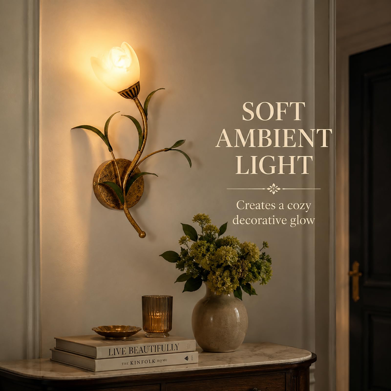 Vintage Blumen-Wandleuchte E14 inkl. 12W LED, Wandlampe aus Glas und Eisen, 3 Lichtfarben 3000K/4500K/6000K, kupferfarben für Schlafzimmer Wohnzimmer Flur,Left | 1