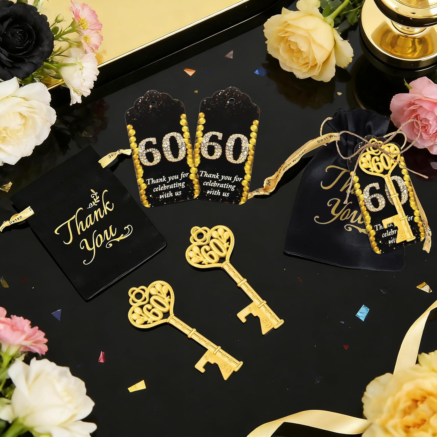 50Pcs 60th Gold Key Bottle Opener - 60th Birthday Party Favors, Anniversary Souvenirs With Thank You Cards
